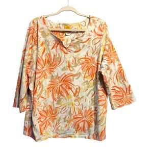 Ruby Rd Woman Tropical 3/4 Sleeve Top Size 2X Floral White Orange Yellow
